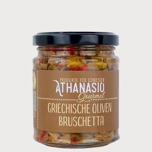 Bruschetta mit griechischen Oliven und Paprika – Feinkost von ATHANASIO Gourmet.