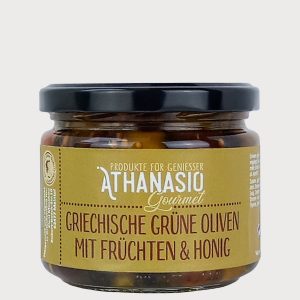 Griechische grüne Oliven mit Früchten & Honig von Athanasio Gourmet.