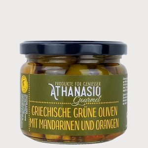 Griechische grüne Oliven mit Mandarinen & Orangen – Athanasio Gourmet.